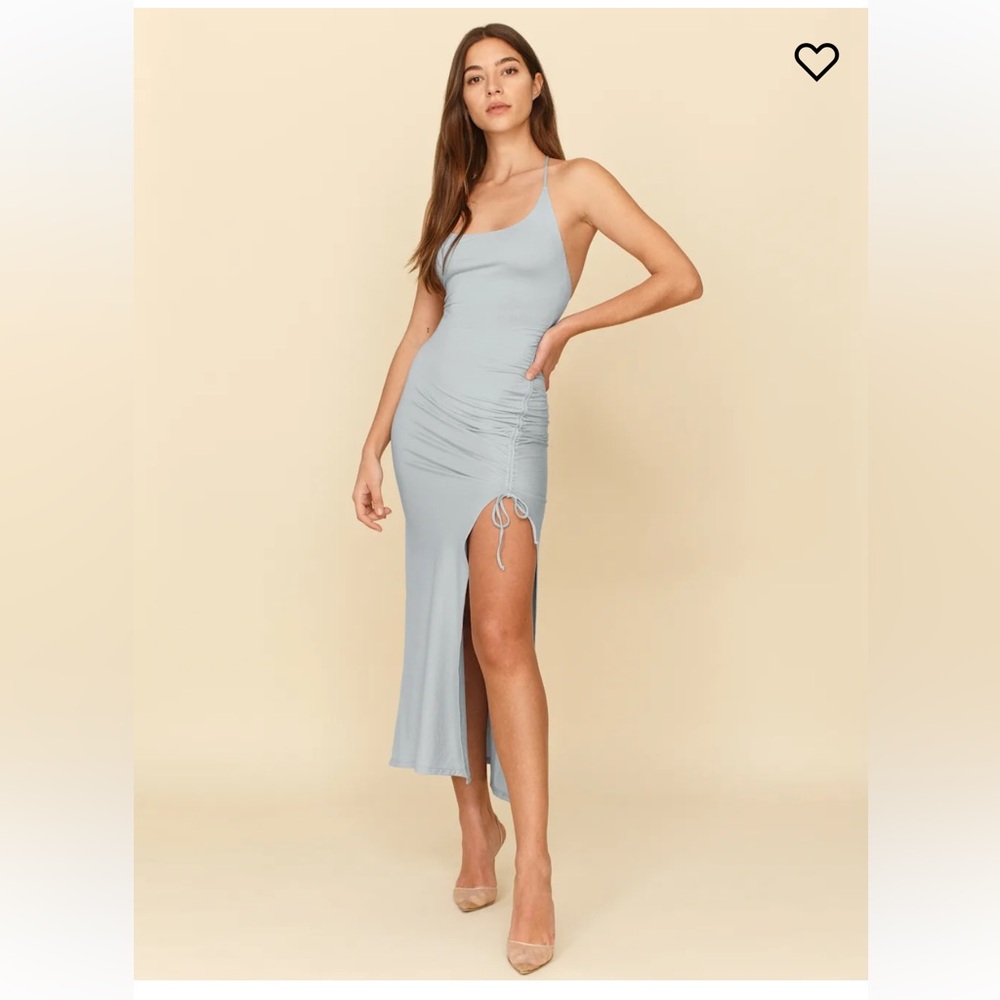 Reformation Maci T Strap Ruched Side Slit maxi Dress in Mineral